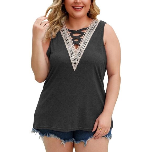 Women’s Dark Gray Casual Lace Tank Top - Picture 1 of 4